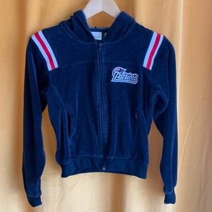 Y2K Neeso Jeans zip up New England Patriots velvet hoodie navy blue red & white